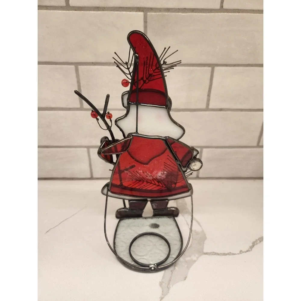 Santa Claus With Twig Berries Stained Glass Tealight Or Votive Candle Holder‎
